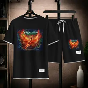 Men's Phoenix Graphic Print Short Sleeve Shirt and Drawstring Shorts Set, Casual Summer Two-Piece Outfit, Lightweight Breathable Relaxed Fit Athletic Set for Daily Wear, Beach, Vacation, Travel and Loungewear