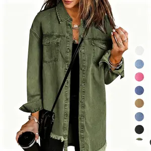 Jean Jackets for Women Ripped Fringe Denim Jean Jacket Casual Long Sleeve Pockets Jackets Coat Fabric Fashion Womenswear Soft  – Back to School Outfit Idea