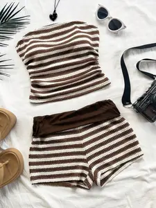 Summer 2-Piece Set: Colorblock Ruffle Bustier and Low Waist Shorts, Textured Knitwear, Perfect for Vacation and Summer