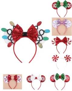 Christmas Mouse Ears - Festive Red & Green Sequin Ears with Snowflake & Candy Cane Design Perfect for Theme Parks Holidays and Parties