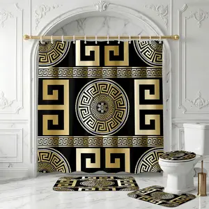 4pcs Black Gold Greek Key Shower Curtain Set – Soft Thick Fabric with Ornate Meander Patterns, Valentine’s Day Inspired Modern Bathroom Decor, Extra Plush Bath Mats for Luxurious Comfort