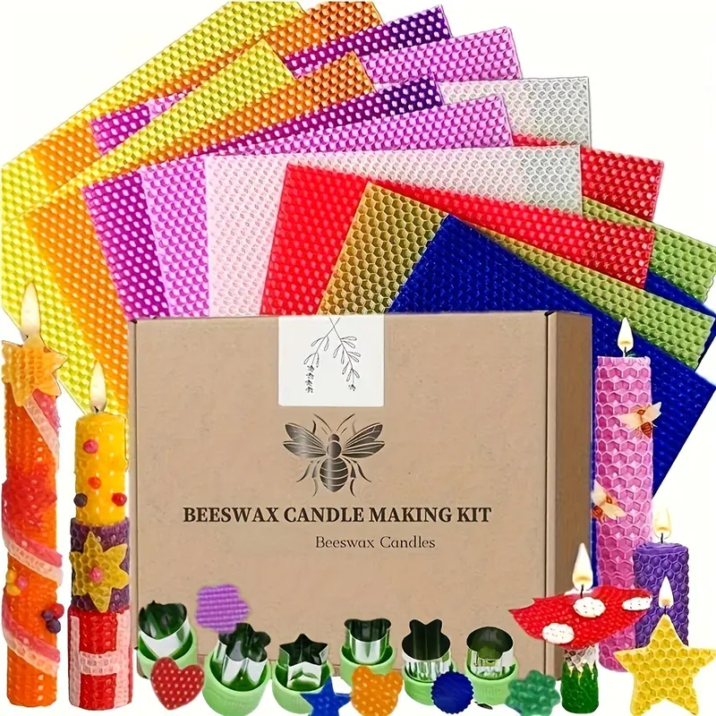 Beeswax Candle Making Kit - DIY All-Natural Set with Multiple Sizes (10x15cm Color Wax Sheets 18pcs,20Cm × 15Cm,20x20cm White Wax Sheets 7pcs + White Wicks), Ideal for Candle Rolling, Birthdays, Home Decor