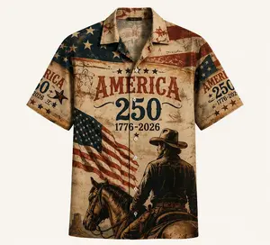 Cowboy America 250 Hawaiian Shirt Patriotic Western 1776-2026 Vintage Flag Button Up