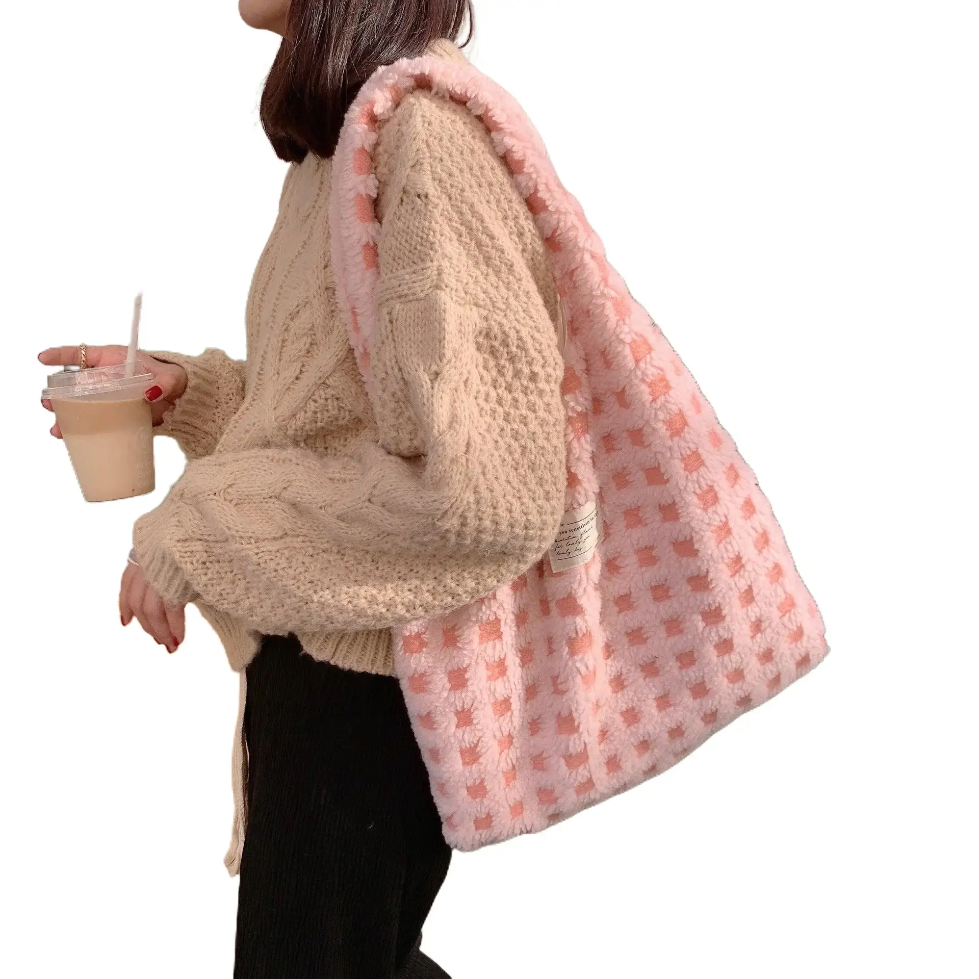 Aesthetic Waffle Flannel Bag Tote Bag Large Capacity Commute Minimalist Bag