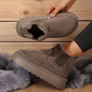 Women's Boots Stylish Comfortable Faux Leather Suede Flat Slip-On Snow Boots for Warmth and Fashion - Short Design Shoes for Indoor and Outdoor