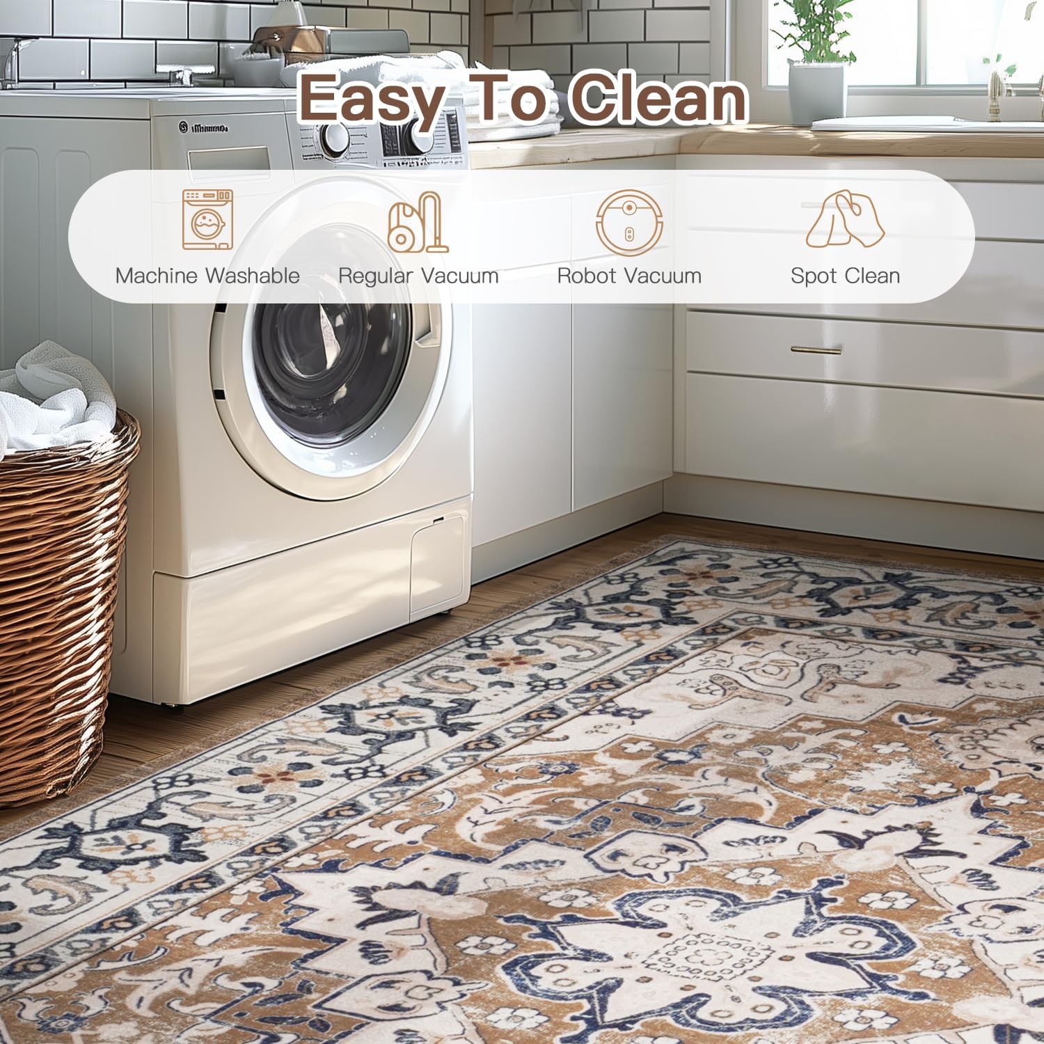 2'x6' Washable Boho Runner Rug, Non Slip Vintage Bohemian Indoor Carpet for Bedroom, Kitchen, Living Room, Hallway