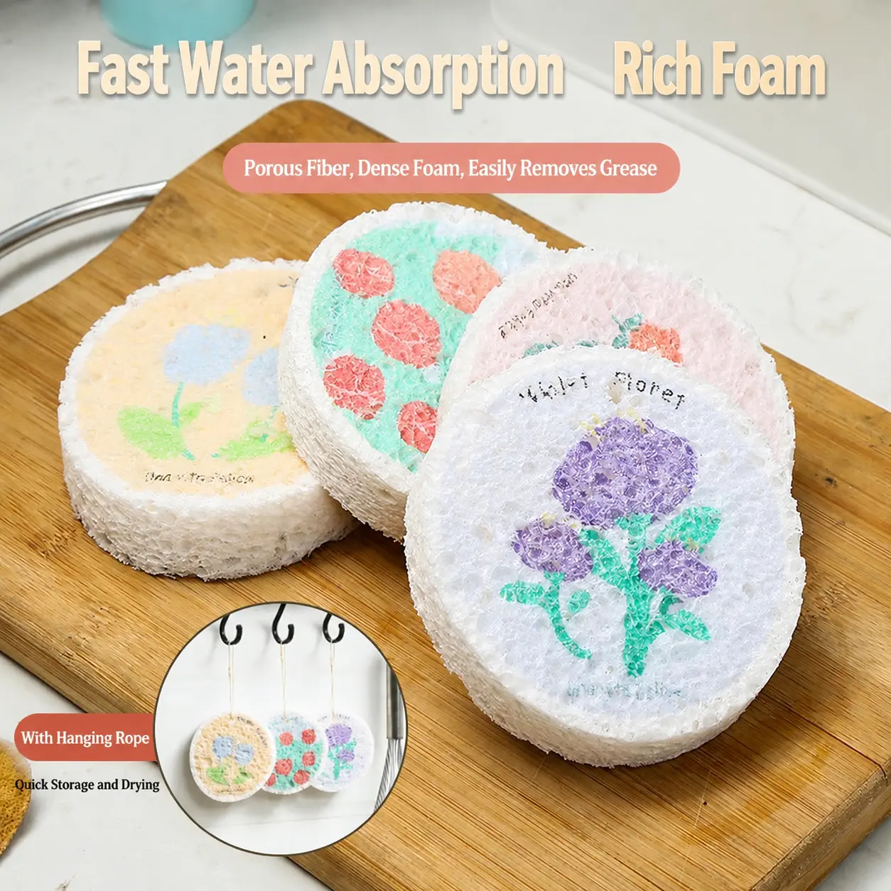 6pcs Kitchen Cleaning Sponge,Scratch Free, Thickened Soft, High-Absorbency Expandable Foam Floral, 2026 Cute Home Care Cleaning Tools for Kitchen & Bathroom, Scratch Free Sponges, Scrubber Pad
