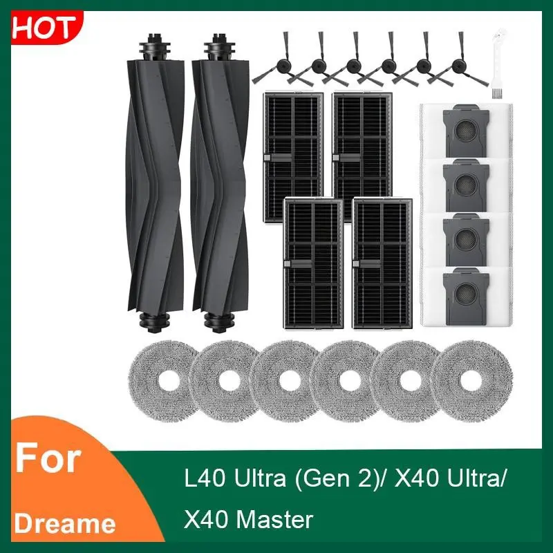 Accessories Replacement Parts for Dreame L40 Ultra (Gen 2)/ X40 Ultra/ X40 Master 2*Rubber Main Brushes, 4*Dust Bags, 6*Mop Pads, 4*Filters, 6*Side Brushes, Vacuum Filter Replacement