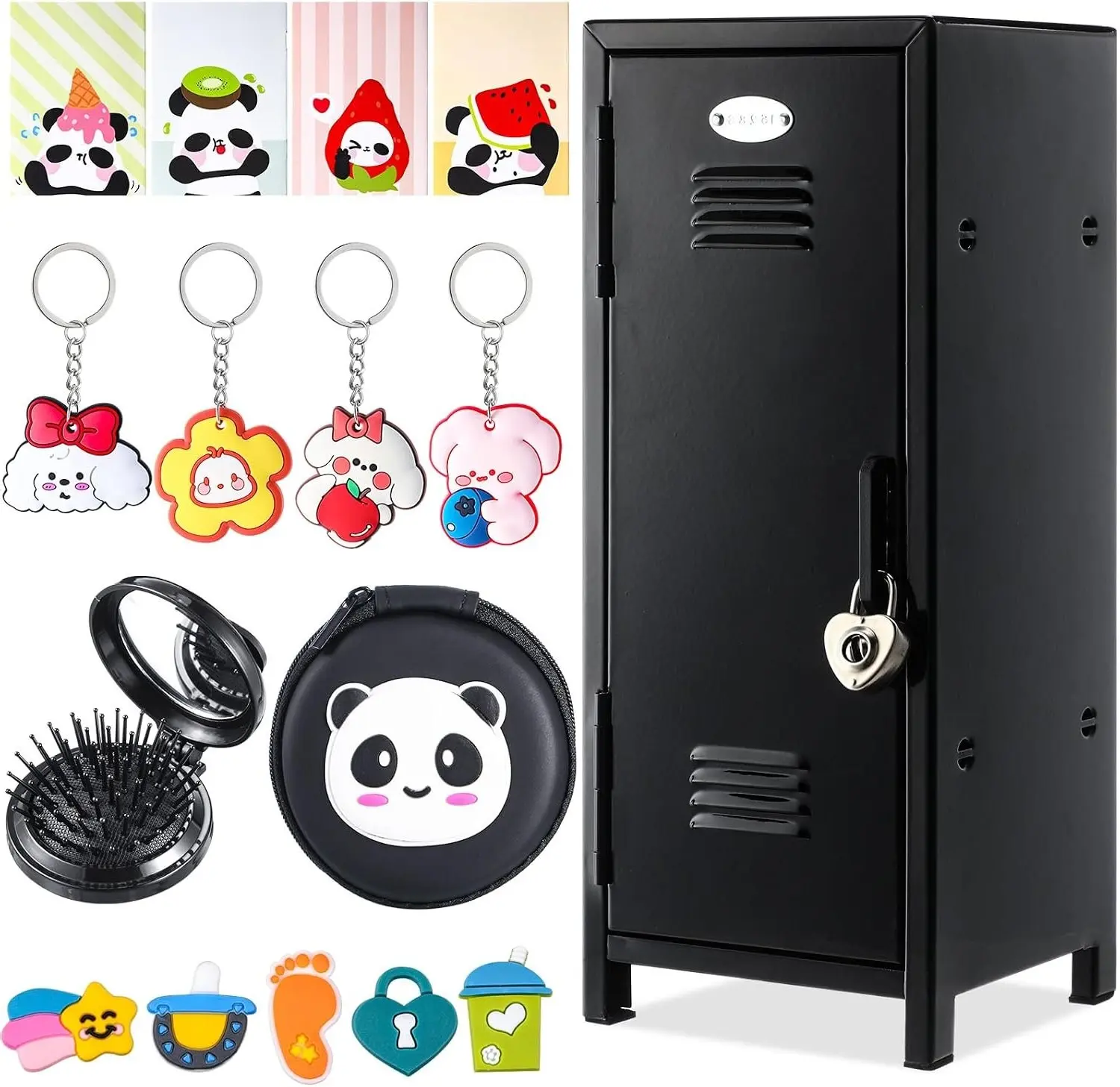 12 Pcs Mini Locker 10.8 Inch with Lock and Keys, Black, Panda