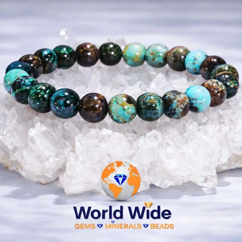 8mm Natural Chrysocolla Bracelet | Turquoise Green Gemstone Stretch Bracelet AA Quality