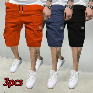 Men’s cargo shorts 3-pack, featuring multiple pockets and a drawstring waist; colors include black, navy blue, and dark gray; slim fit; fashionable summer casual shorts; made from durable polyester fabric; with water-repellent, abrasion-resistant, and tea