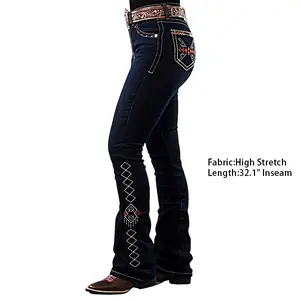 Flamingals Wash Geo Embroidery Rhinestone Decor Mid Rise Bootcut Jeans High Stretch 32.1" Inseam Without Belt