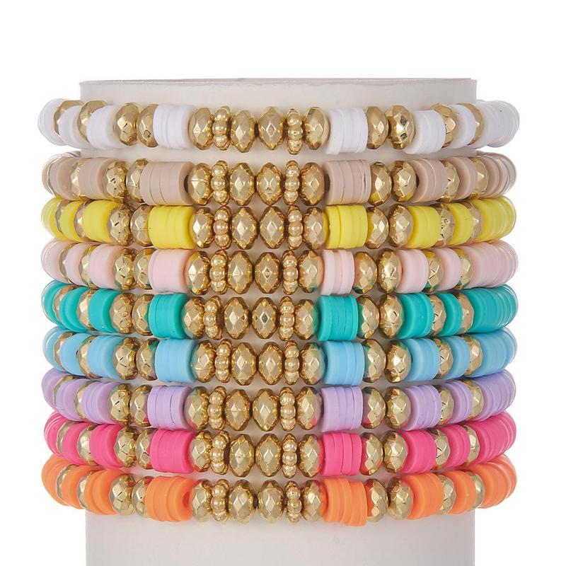9 Pcs 7" Colorful Boho Stackable Bracelets, Surfer Heishi Clay Bead Stretch Preppy Fashion Accessories unique jewelry Suitable for Beach, Party, Vacation