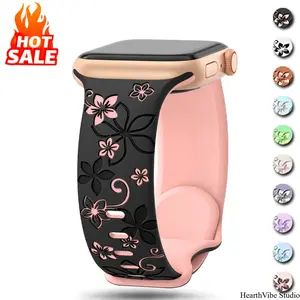 Floral Engraved Strap For Apple Watch Band 46mm 41mm 40mm 44mm 45mm 42mm 49mm Silicone Sport iWatch Series 11 10 SE 9 8 Ultra 2