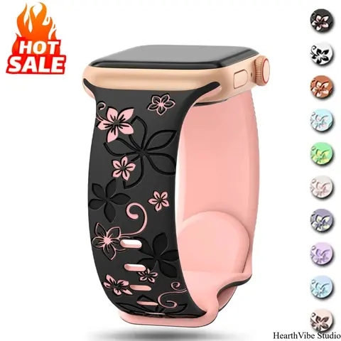 Engraved Flowers Silicone Smartwatch Strap - Single Elastic No-Battery-Replacement Watch Strap for 38-41,42(S10),40-49mm (44,45,46,49mm) Smartwatches, Compatible with Series 9-11,SE,Ultra 2 Wearable Tech Accessories