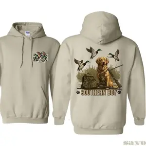 Southern Boy Hunting Hoodie with Labrador Retriever & Flying Mallards, Outdoor Waterfowl Camo Gear Pullover for Men, Classic Cotton Hoodie Made In The USA - KitchenEra