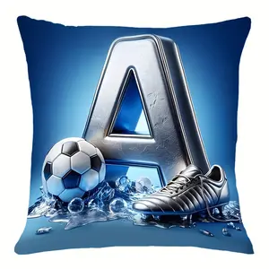 A Stylish, Soft, And Comfortable Short Plush Pillowcase Featuring a Classic Design with 26 Letters, a Soccer Ball, Silver Shoes, And Blue Background Letters. This Double-Sided Printed Decorative Pillow Cover Measures 18X18 Inches And Is Suitable for