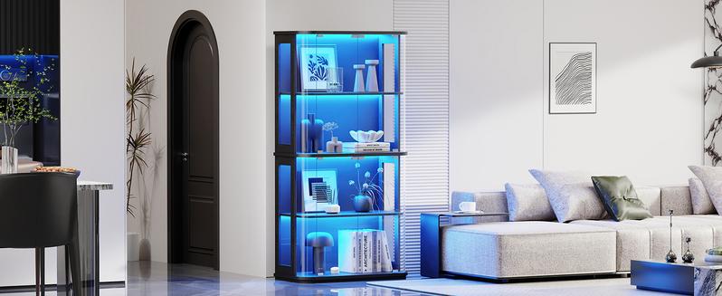 BROTTAR 65" Rounded Display Cabinet with Glass Door, 4-Tier Curio Cabinet with Transparent Full-Display Surface, Glass Display Case with 3 Color Lights for Collectibles, Human Body Sensor, White
