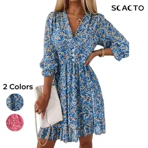 Scacto Women's Casual Floral Print A-Line Sun Dress - V-Neck, Short-Sleeve, Lady's Flower Casual Dress