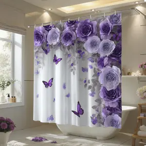 72"x72" 3D embossed shower curtain with purple rose print. Waterproof polyester, includes 12 hooks for easy installation. Easy to clean, perfect for bathroom decor or space divider. Ideal gift for wife and family on holidays like Halloween and Christmas.