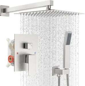 Shower Faucet Set with Shower Head, Wall Mount 10 Inch Square Rainfall Shower Head and Handle Set Single Handle Shower System Set with Female Threads Valve Body and Trim Included(Brush Nickel) IUERASD