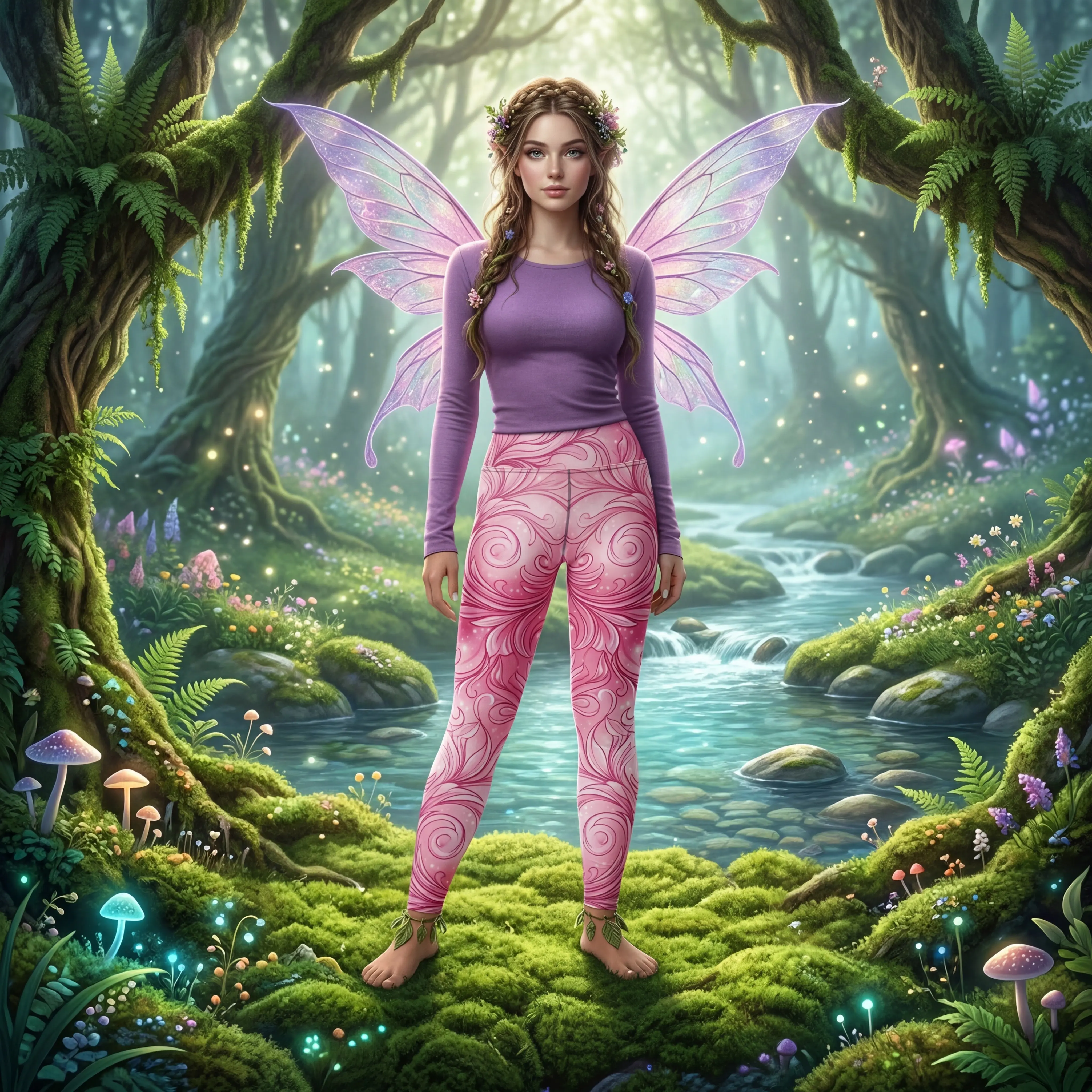 Pink Fairy Yoga Leggings | Floral Damask Yoga Pants | Fairycore Activewear