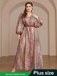 【Plus Size】 Floral Print Belted Wide Leg Dress, Boho Fashion Casual Patchwork Print Long Sleeve Dress for Daily Holiday Vacation Wear, Women Plus Clothing for Summer