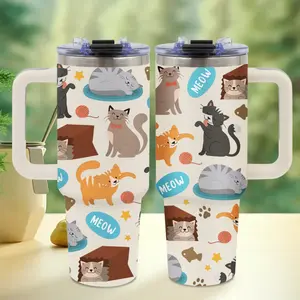 1pc 40 Stainless Steel Insulated Cat-Themed Mug with Handle Leak-Proof Lid & Straw Reusable BPA-Free Multi-Purpose Coffee Mug for Cat Lovers Father's Day Gift Sports Water Bottles Drinkware Flasks Portable Tumbler