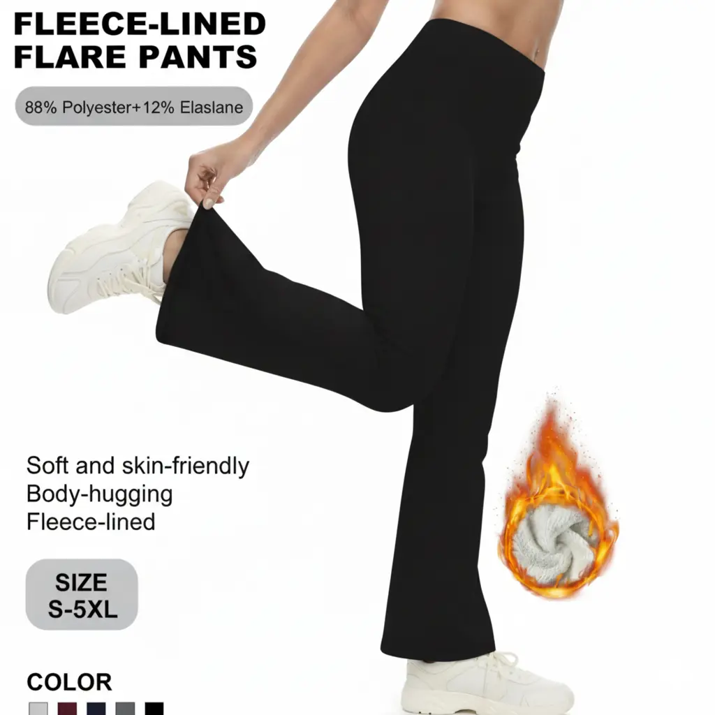 Women's Plus Size Fleece-Lined Flared Pants 3-Pack - High-Waisted Bottoms with Pockets, Curve-Flattering Winter Leggings, S-5XL, Outdoor, Everyday, Polyester, Chic Curve Pants