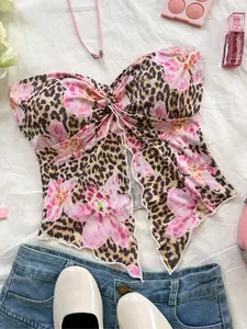 Women's Floral & Leopard Print Tube Top, Casual Backless Sleeveless Top for Summer, Ladies Clothes for Beach Holiday Vacation, Tube Tops, Casual Bohemian Sleeveless Womenswear, Clothes for Women, Casual Sleeveless Crop, Elegant Sleeveless Top