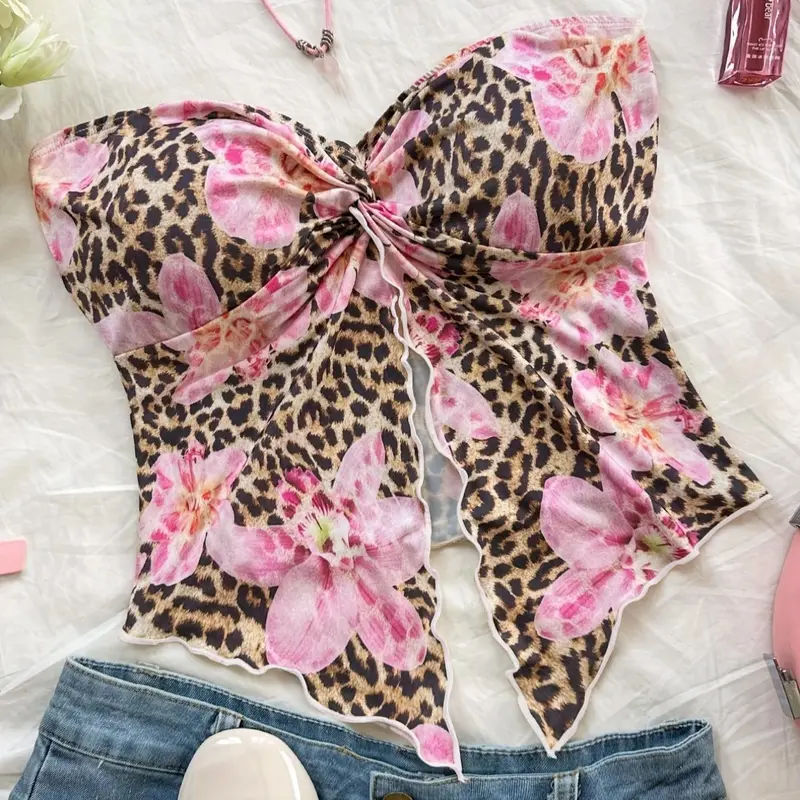 Women's Floral & Leopard Print Tube Top, Casual Backless Sleeveless Top for Summer, Casual Sleeveless Strapless, Ladies Clothes for Beach Holiday Vacation, Casual Sleeveless Crop, Backless Tube Tops