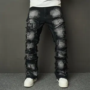 Streetwear HipHop Men Spliced Patch Straight Jeans Male Distressed Slim Motorcycle Biker Denim Pants