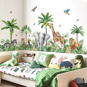 Wildlife Zoo Tropical Tree Wall Stickers, Adhesive Stickers, Jungle Animals Giraffe Elephant Lion, Home Decor for Bedroom Living Room Dining Room