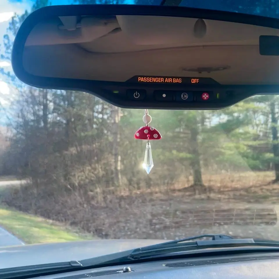 Mini Mushroom Car Charm, Crystal Suncatcher, Auto Rearview Mirror Accessories, Cute Dainty Minimalist New Car Gift For Her, BOHO Fairy Decor