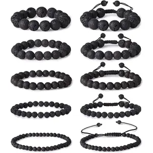 FINREZIO 1 Pc Black Natural Lava Rock Beaded Bracelet Set for Men Women Elastic Adjustable Braided Rope Diffuser Bracelets Durable Fashion Jewelry Set Ideal Gift for Birthday Father's Day Holiday