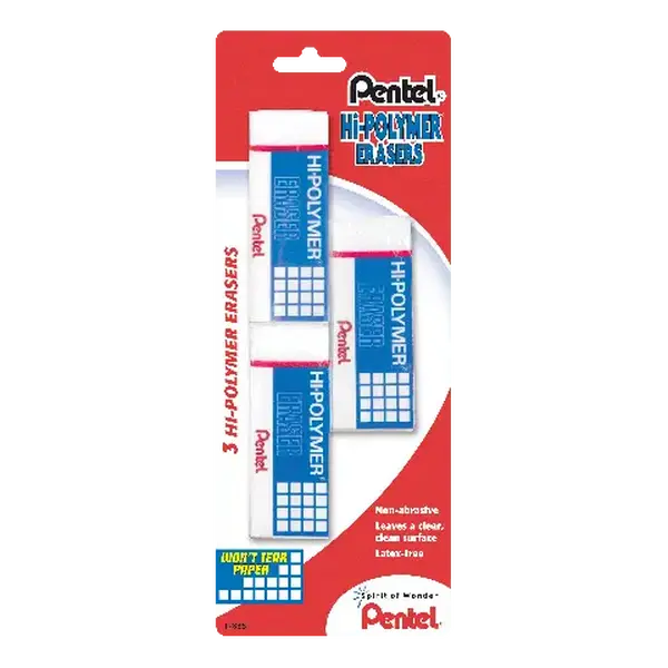 Hi-Polymer® Block Eraser - Large White 3-Pack, Soft Polymer Office School Supplies, Clean Erase Dust-Free Correction Tool