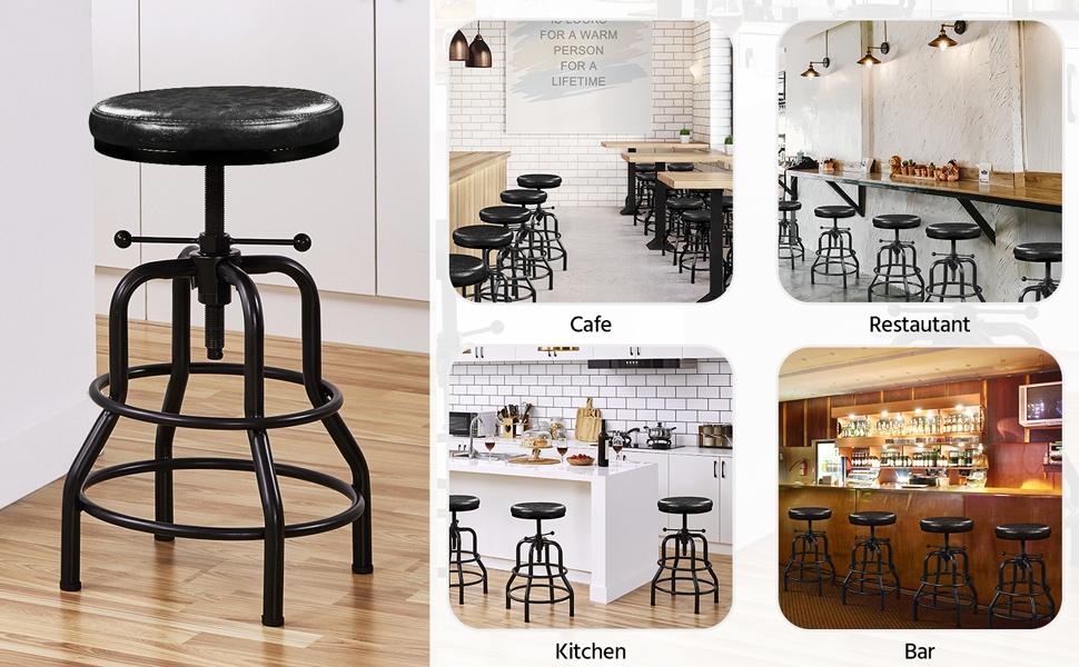 Yaheetech Industrial Bar Stool Vintage Counter Height Stool with Round Faux Leather Seat Adjustable Kitchen Stool 21.5-28 Inch Tall, 1PC