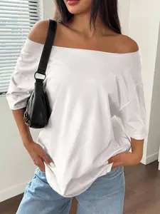 Women's Asymmetrical Shoulder Graphic Tee, Casual Loose Fit Short Sleeve Top, High Stretch Cool Fabric, Perfect for Daily Outdoor Wear, Womenswear