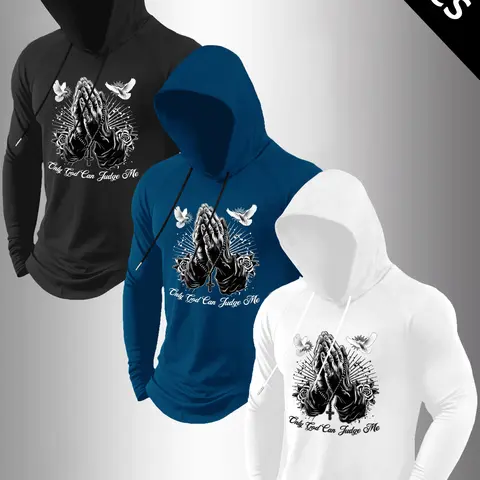 Men's 3-Piece Graphic Letter Print Hooded Long Sleeve T-Shirt Set, Casual Street Fashion Fitted Kint Fabric, Spring & Fall Outdoor Wear, 3-Pack, Tops, Hoodie Streetwear Sweatshirt, Casual Streetwear Looks, Casual Print Clothes, Hooded Sweatshirts