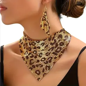 Shiny Metal Mesh Triangle Necklace & Earrings Set, Sparkly Sequined Bib Jewelry, 3‑Style Party Accessory Set for Night Out & Events
