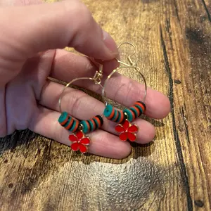 Red Poppy Flower Polymer Beaded Hoop Earrings
