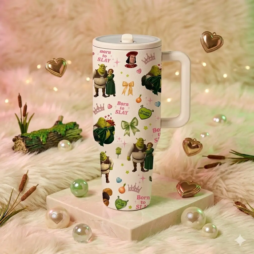 1 Pc 40oz insulated mug, Insulated Travel Tumbler, Thermal Tumbler, Insulated Vacuum Drinkware, Leakproof Tumbler, green ogre cartoon print, double wall vacuum insulated, leak proof lid with handle and straw, keeps hot 12 hours and cold 24 hours