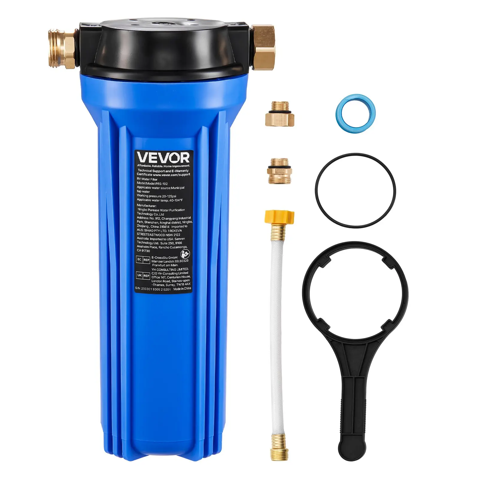VEVOR RV Water Filtration System - Activated Carbon & Polypropylene Water Filter, 2.9 GPM 8,000 gal Capacity, Removes Sediments, Chlorine, Bad Tastes, Odors & Most Contaminants for Campers, Boats