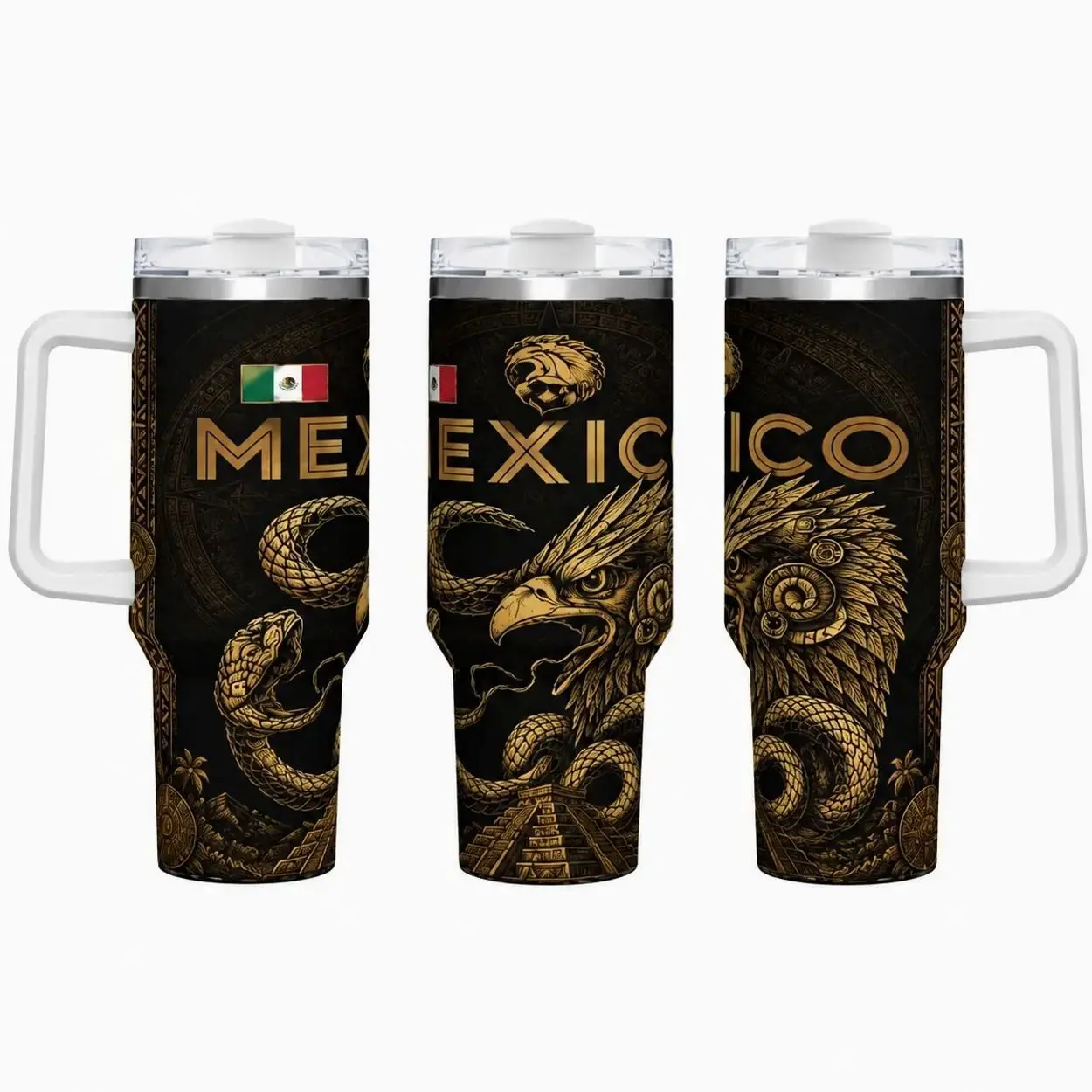 40oz Stylish Mexican Heritage Pride Insulated Tumbler - Stainless Steel Travel Mug with Handle, Leak-Proof Lid, Double Wall, Black Gold Eagle Snake Pyramid Aztec Calendar Flag Design, Hot & Cold Drink Cup