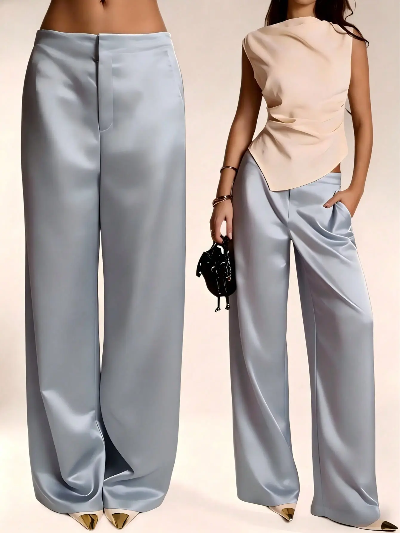 Women's Satin Silk Solid Color Pants | Elegant Wide Leg Pants With Pocket Detail And Zipper Closure For A Chic Comfortable Fit | Spring Summer Vacation Office Brunch Airport Travel Daily Wear Casual Going Out Outfit For Women