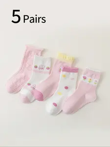 5 Pairs Girls Bunny Ruffle Lace Cartoon Socks, Student Sweat Absorbent Cute Knee High Socks, Adorable School Socks, Sock Set