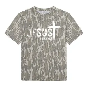 Jesus Is King Graphic Mossy Oak Bottomland Tee, Mossy Oak Washed Out Jesus Is King Camo T-shirt, Mossy Oak Jesus White Cross Camo Shirt