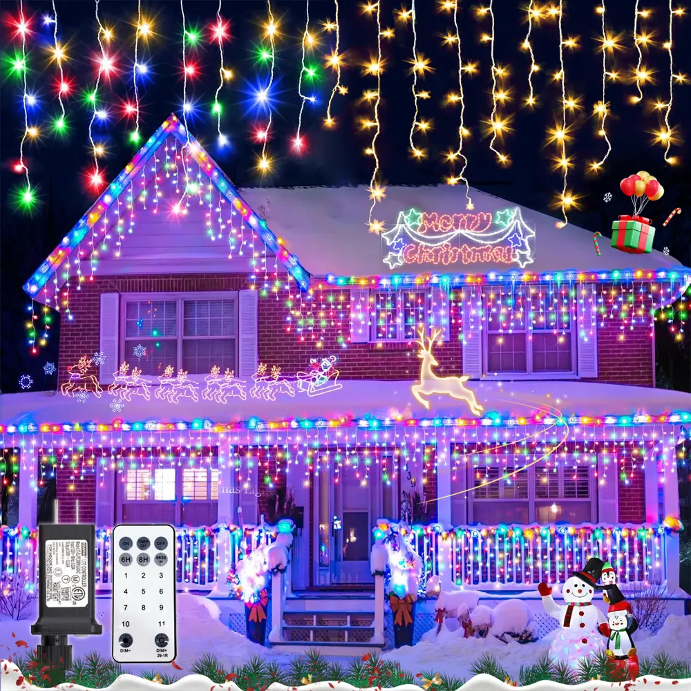 Outdoor Color-Changing Holiday Icicle LED Lights, 19.69Ft 306LEDs, Waterproof, 11 Modes, Remote Controller, Connectable for Roof Eaves, Terrace Decor, Large Display, Non-Smart Devices