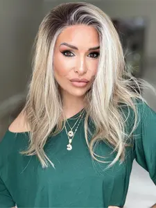 MACA BAKA Ivy Beige Blonde Honey Brown Ombre Highlight Lace Front Wig with Scandinavian Hairline Low Density 14 Inches Short Wavy HD Synthetic Lace Front Wigs for Women Pre Plucked