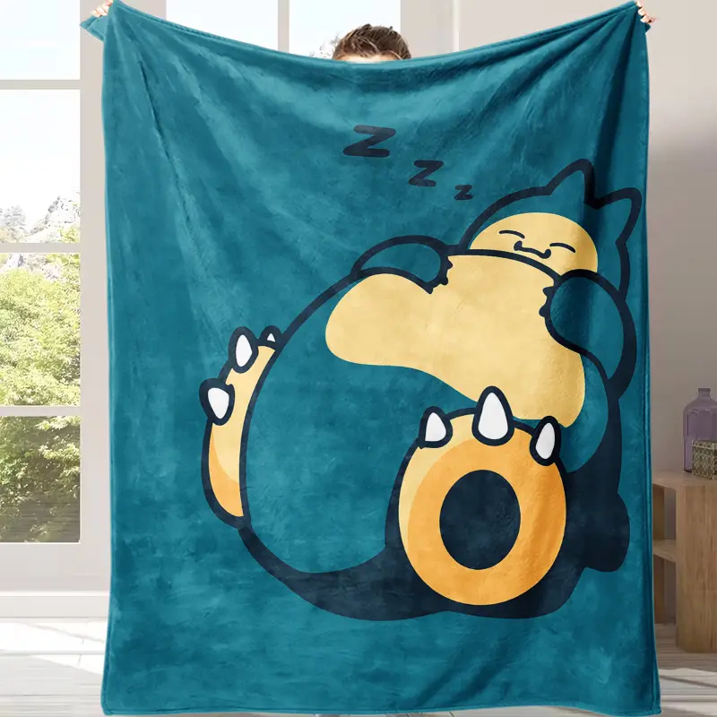 Ultra Soft Sleeping Snorlax Zzz Fleece Throw Blanket - Teal Solid Background, Minimal Line Art, Cute Lazy Pokemon Cartoon Print, Oversized Washable for Bedroom Sofa, Cozy Gift for Pokemon Anime Game Fans, Ultra Soft Blanket